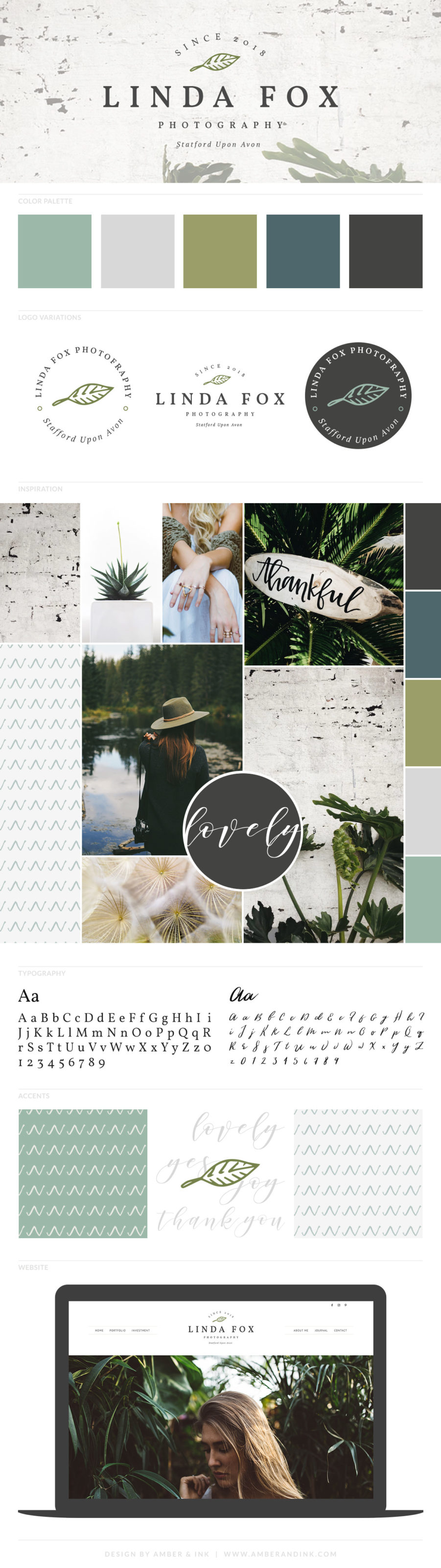 Branding board for a photographer. Includes green, boho vibes, website, color palette and moon board.
