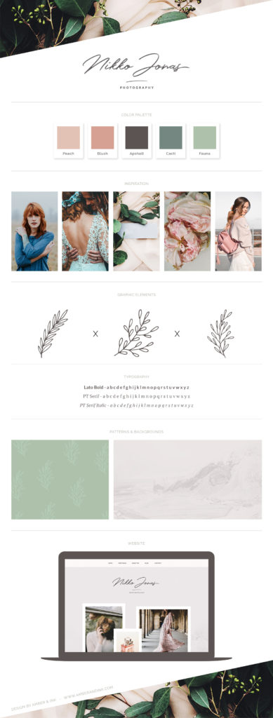 Interesting and creative brand board template with a simple mood board, typography and pattern area, website design and a custom logo area.
