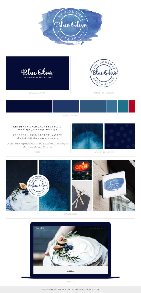 Brand board for a restaurant. Includes color palette, mood board, typography, website, and logo design.